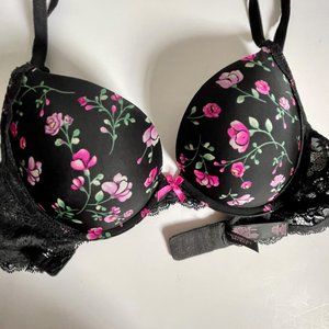 Victoria's Secret Dream Angels Floral Bra 34C  Black Pink Push Up Smooth Retro